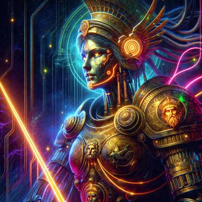 The primary subject of the image is a woman wearing a gold and silver armor, with a sword in her hand. She is standing in front of a backdrop of a futuristic city. The visual style of the image is digital art, with a vibrant and colorful atmosphere. The woman appears to be a warrior or a character from a fantasy world.
